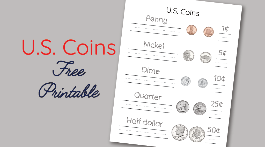 U.S. coins free printable money value plus tracing and handwriting page