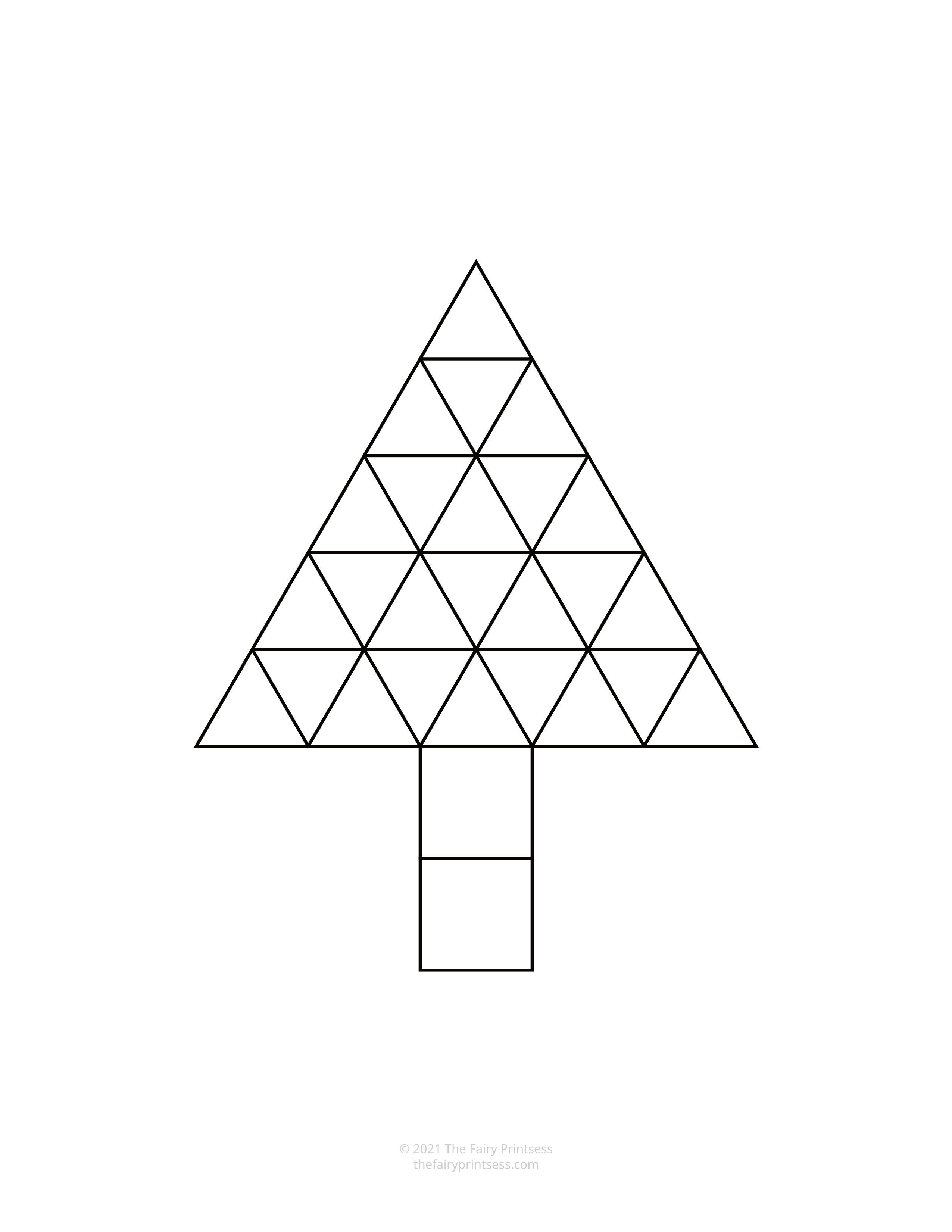 black and white Christmas tree pattern block template shape mat free printable