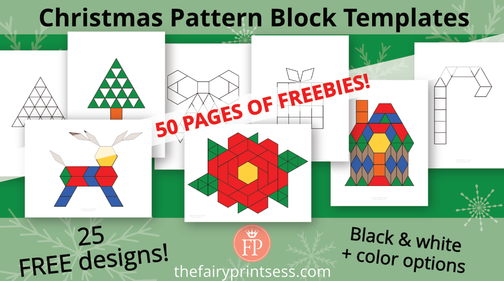 christmas pattern block templates free printable shape mats black and white and color 50 pages 25 designs
