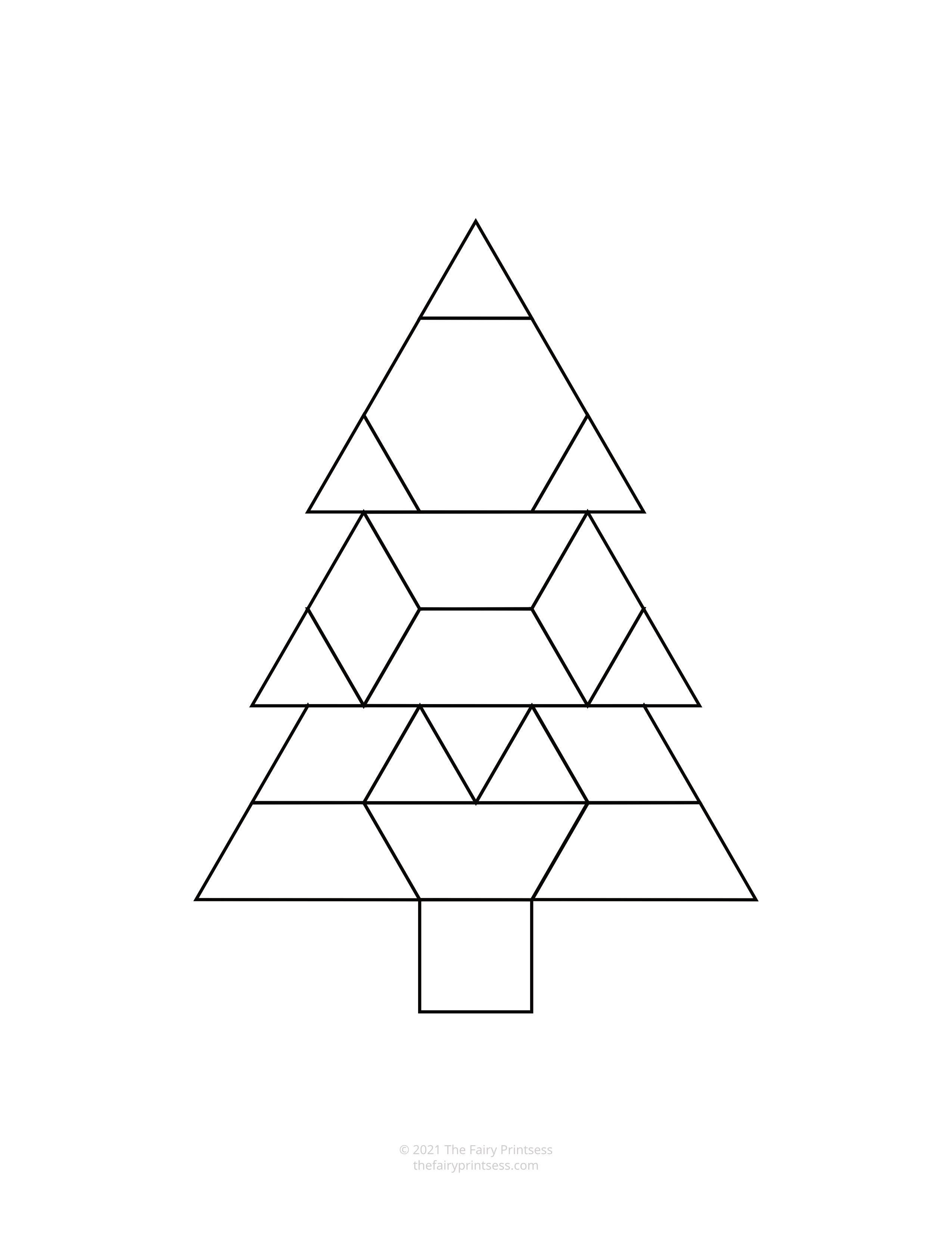 black and white tiered Christmas tree pattern block template shape mat free printable