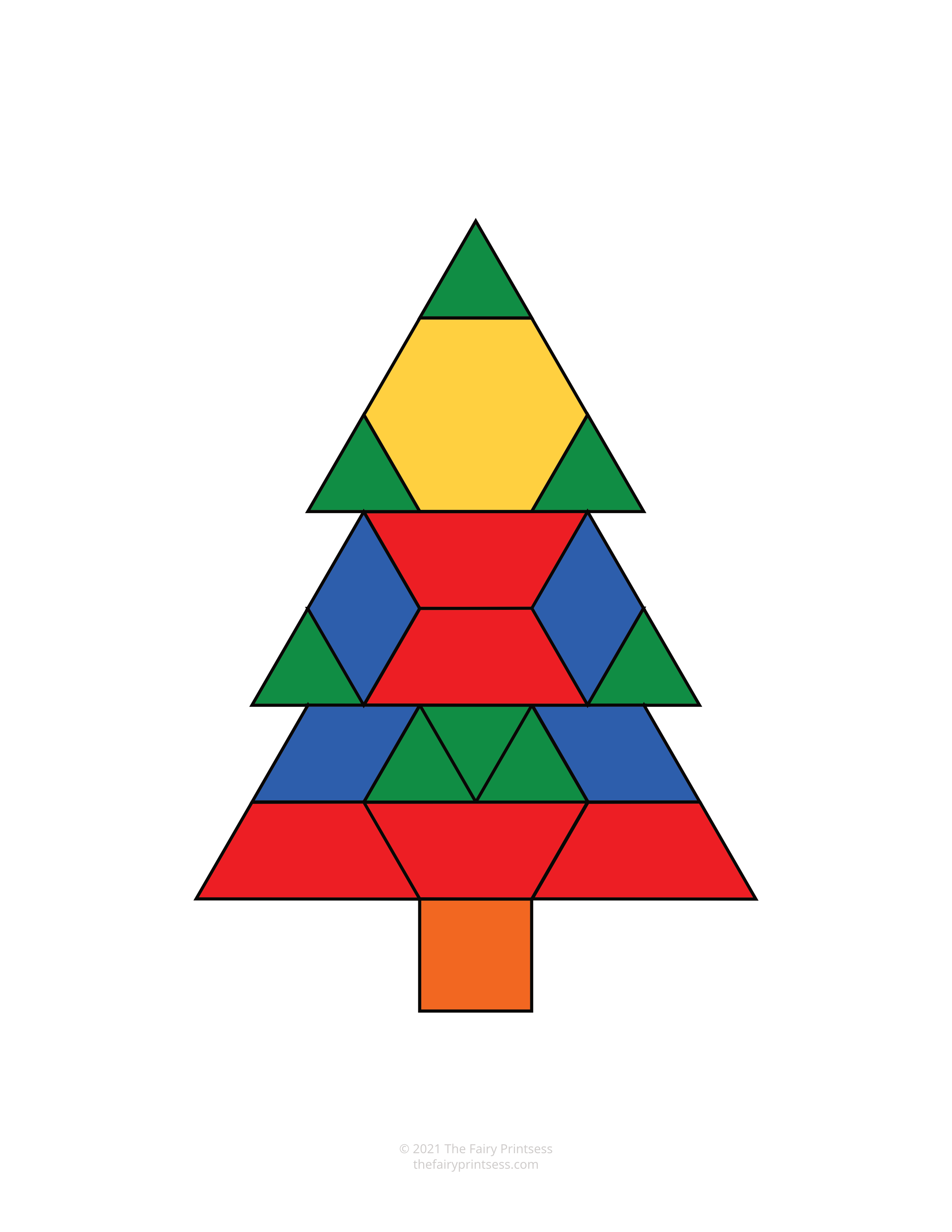 color tiered Christmas tree pattern block template shape mat free printable