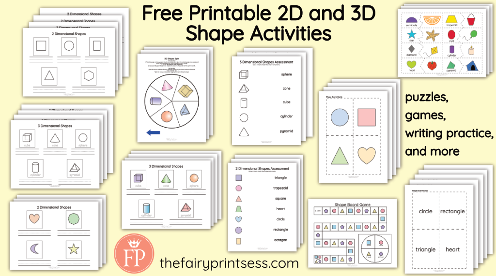 free printable 2D and 3D shape activities-games, writing practice, puzzles, and more