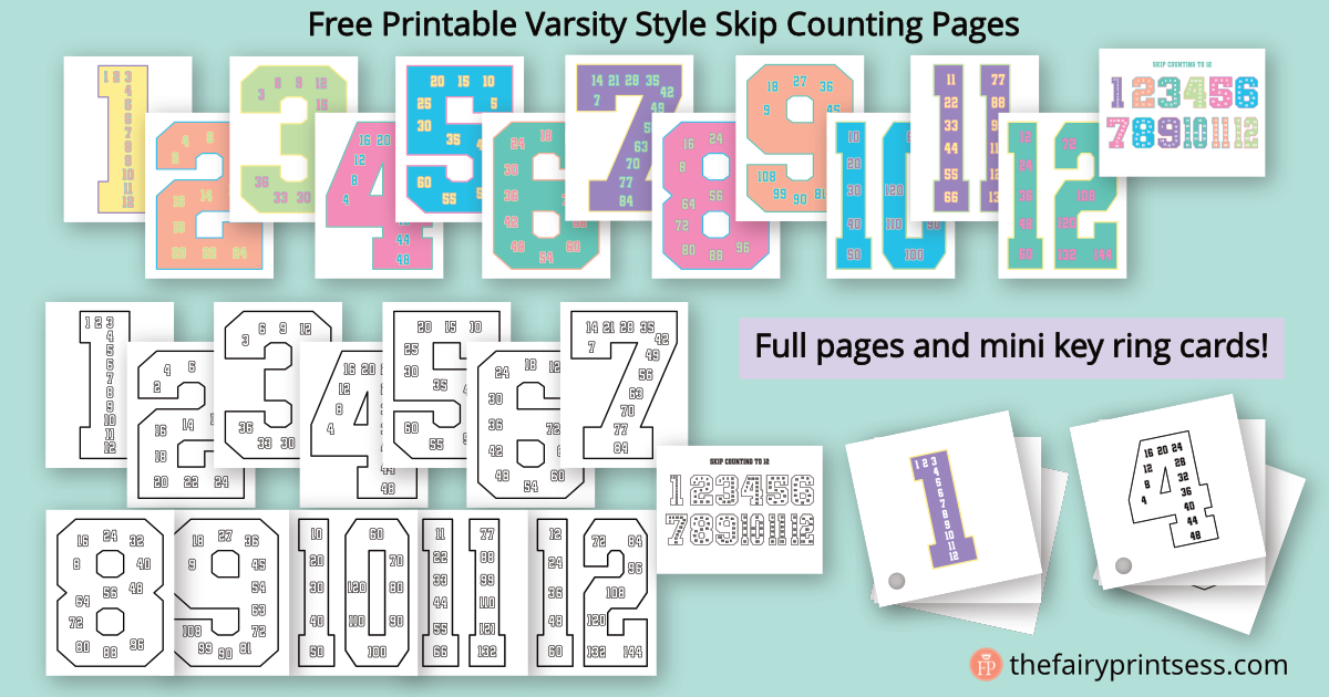 varsity style skip counting pages - free printables for teaching and practicing skip counting and multiplication - posters, visuals, key ring visuals
