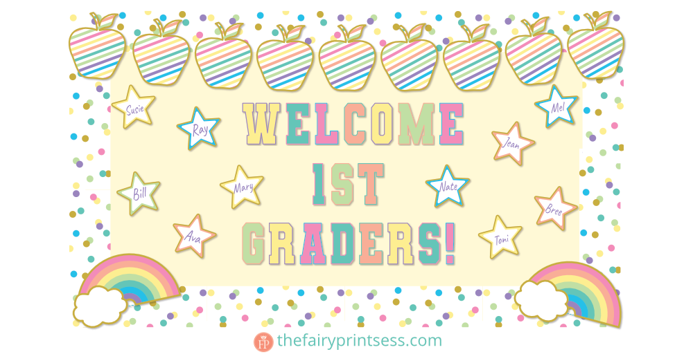 Varsity bright classroom decor bulletin board display example welcome first graders with names