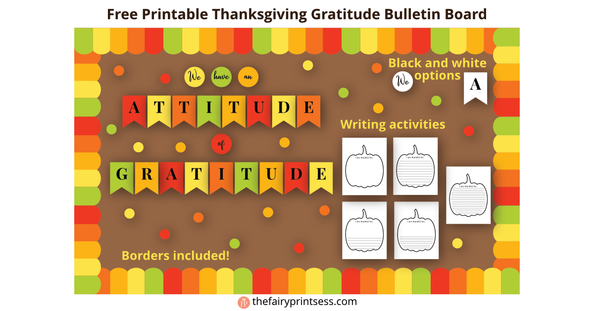 Thanksgiving attitude of gratitude bulletin board display free printable with writing prompt activities