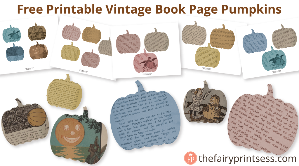 free printable vintage book page pumpkins for garland, banners, crafts, DIY, and more
