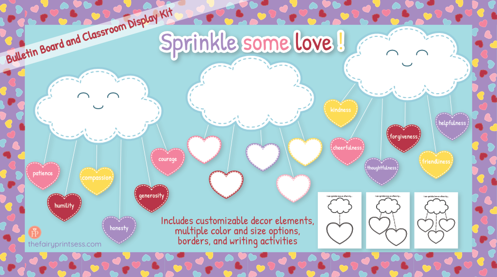 free printable valentine sprinkle some love bulletin board and classroom display kit for school, homeschool, classrooms, and more